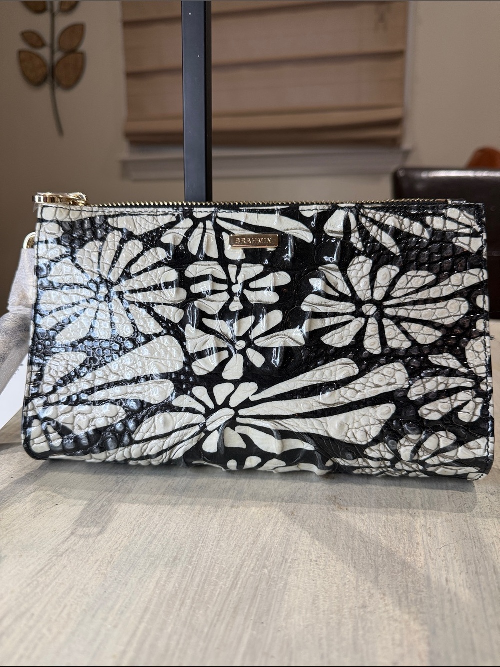 Brahmin Daisy Melbourne Black & White Floral Embossed Leather Wristlet